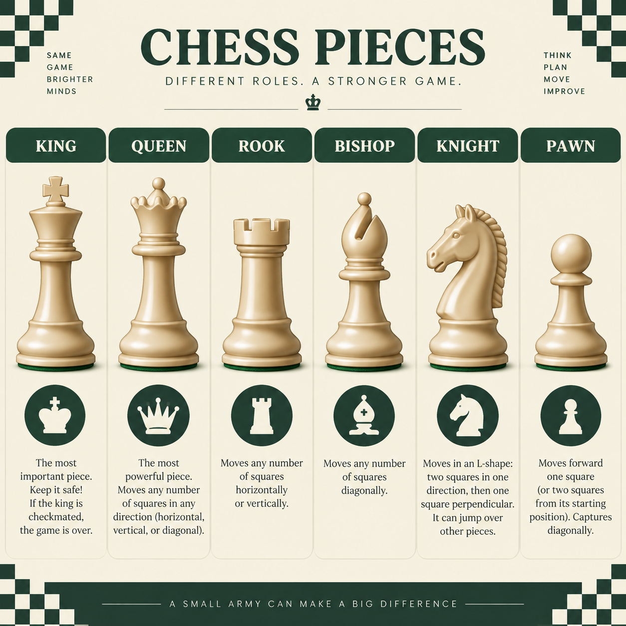 Les pièces d'échecs — visuel pédagogique de démonstration